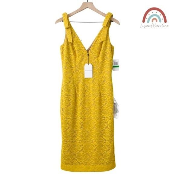New! Dress The Population Mary Canary Yellow Plunging V-Neck Mid Length Dress - Picture 4 of 16
